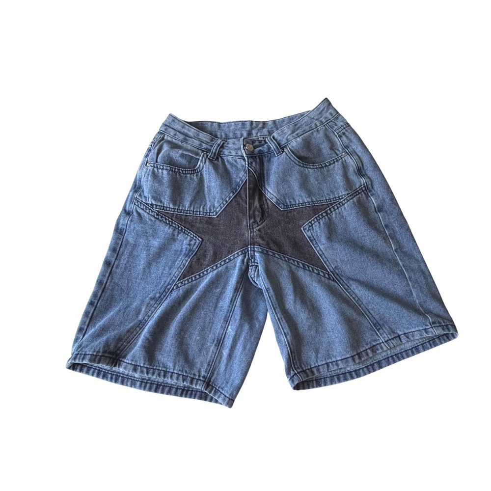 Romwe Womens Blue Star Patchwork Denim Bermuda Shorts Y2K Size M 30" Inch Waist